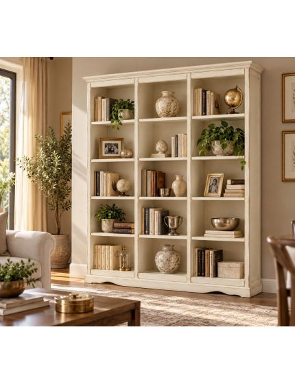 Libreria a Giorno Classica in Legno Bianco Anticato con Ripiani - 156x38x205 cm