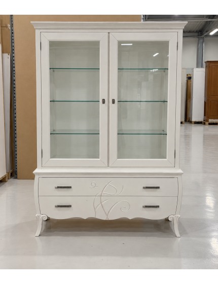 Cristalliera 2 porte 2 cassetti legno shabby bianco decori rilievo 161X54X217
