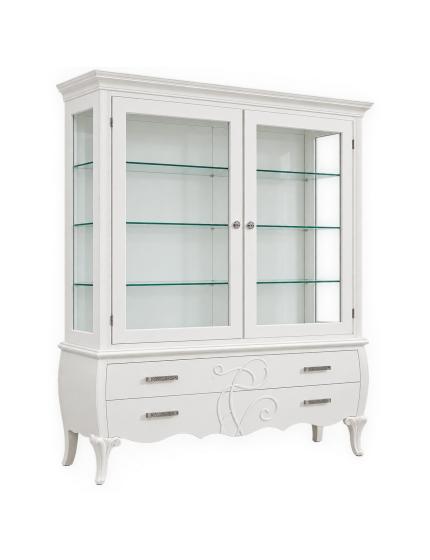 Cristalliera 2 porte 2 cassetti legno shabby bianco decori rilievo 161X54X217