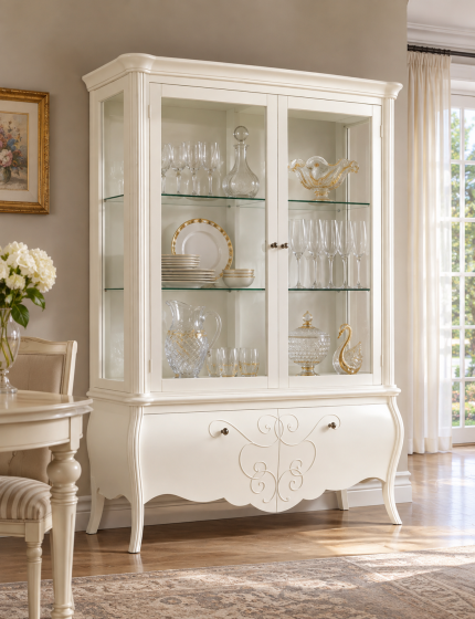 VETRINA IN LEGNO CLASSICA SHABBY 2 PORTE BIANCA L.150 P.50 H.216