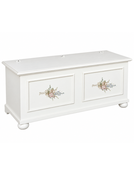 Cassapanca in legno shabby bianco con decoro 116,5X40,5X46