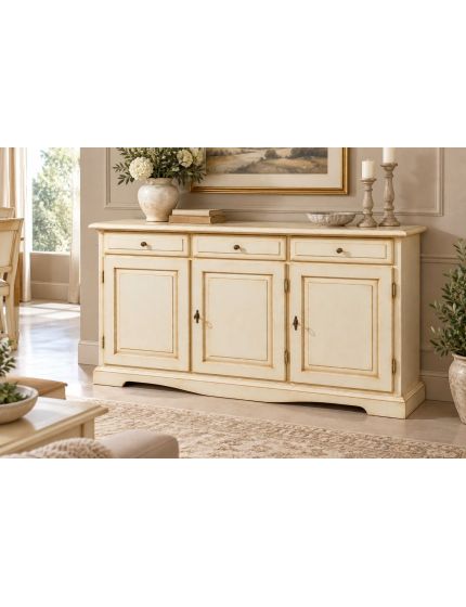 MADIA CREDENZA IN LEGNO 3 ANTE AVORIO PATINATO 156 P.42 H.85