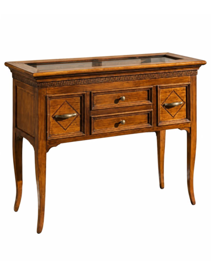CONSOLLE IN LEGNO MASSELLO CON BACHECA E INTARSI L.100 P.40 H.80