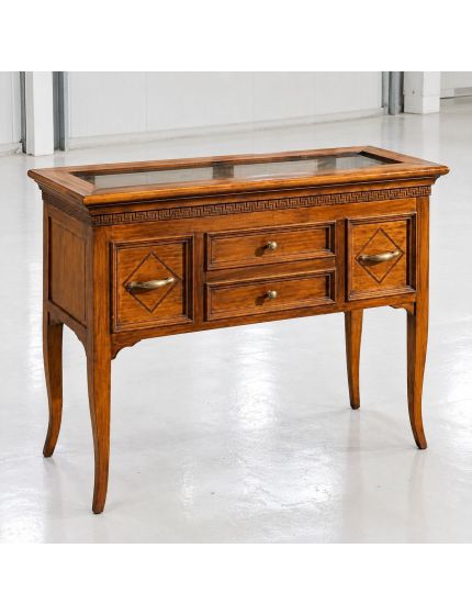 CONSOLLE IN LEGNO MASSELLO CON BACHECA E INTARSI L.100 P.40 H.80