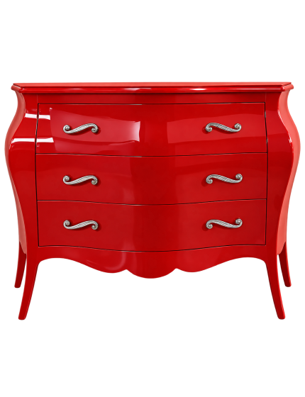 Cassettiera sagomata 3 cassetti legno laccato rosso lucido 105x42X85 vista frontale