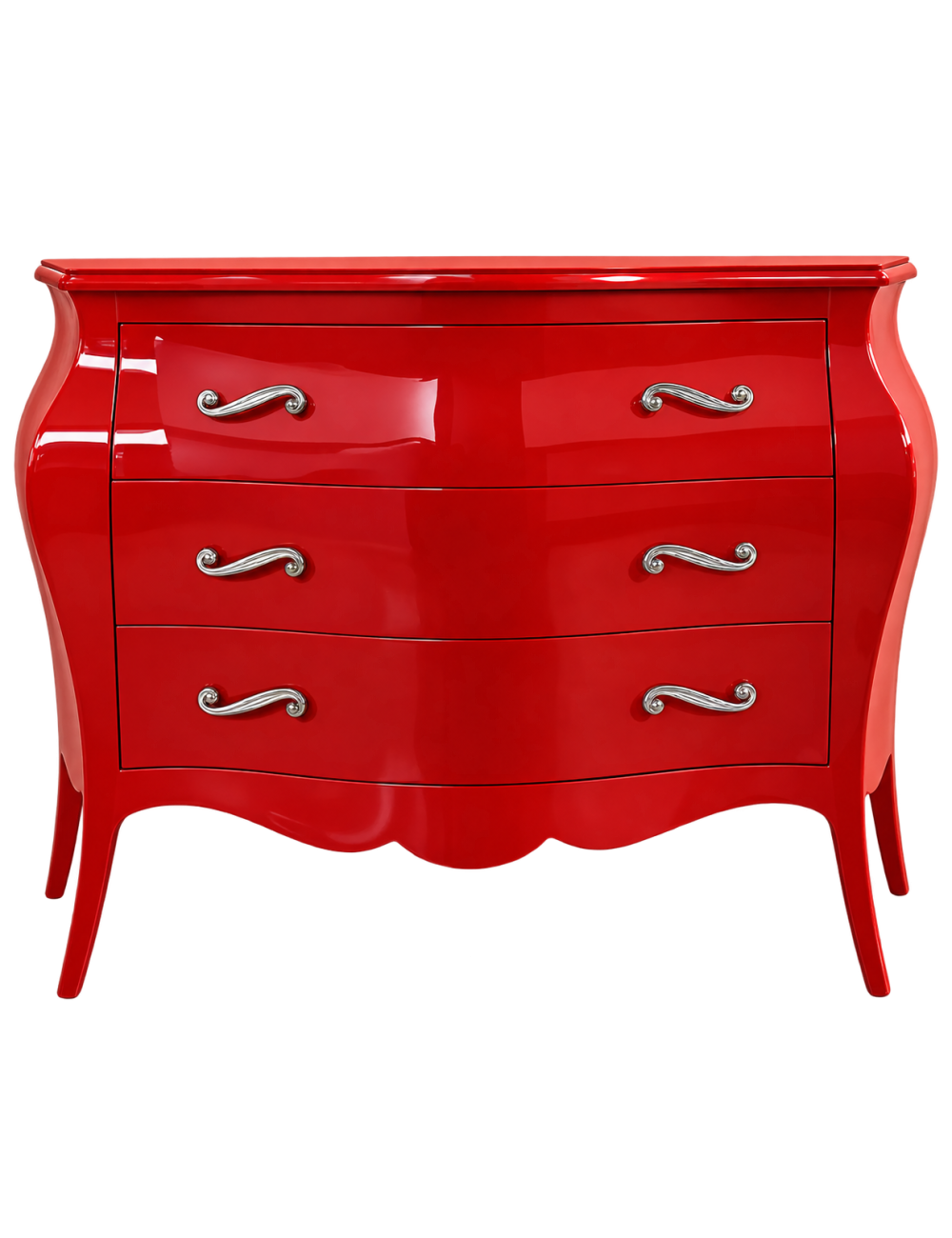 Cassettiera sagomata 3 cassetti legno laccato rosso lucido 105x42X85 vista frontale