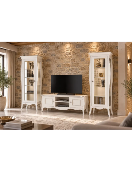 Porta TV Shabby Chic Bianco e Foglia Argento 160x50x61 cm