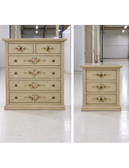 Gruppo 1 Cassettiera 2 Comodini legno shabby avorio anticato decorato