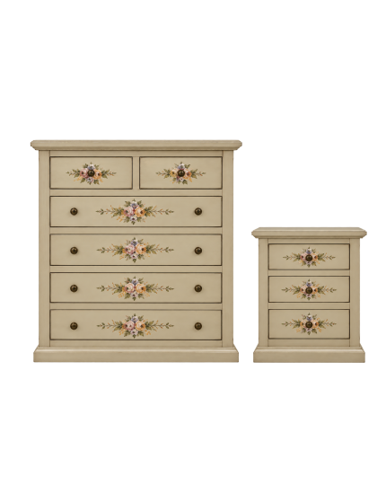 Gruppo 1 Cassettiera 2 Comodini legno shabby avorio anticato decorato
