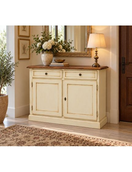 Madia Credenza Shabby Chic In Legno 2 Porte avorio anticato/noce 105x42x85