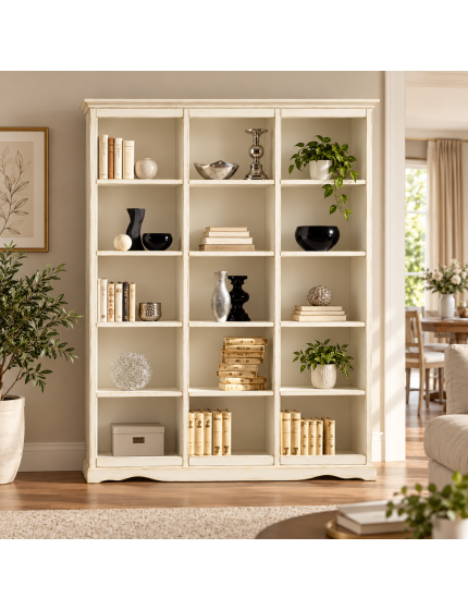 Libreria a Giorno Classica in Legno Bianco Anticato con Ripiani - 156x38x205 cm