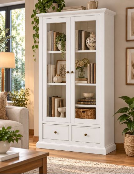 Vetrina 2 ante 2 cassetti in Legno shabby bianco 90X40X160