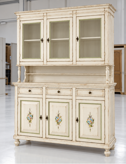 Cristalliera napoletana 3 porte in legno shabby bianco anticato decorato 150x43x208