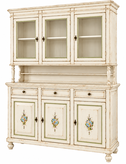 Cristalliera napoletana 3 porte in legno shabby bianco anticato decorato 150x43x208