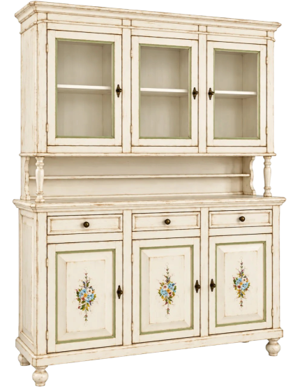 Cristalliera napoletana 3 porte in legno shabby bianco anticato decorato 150x43x208
