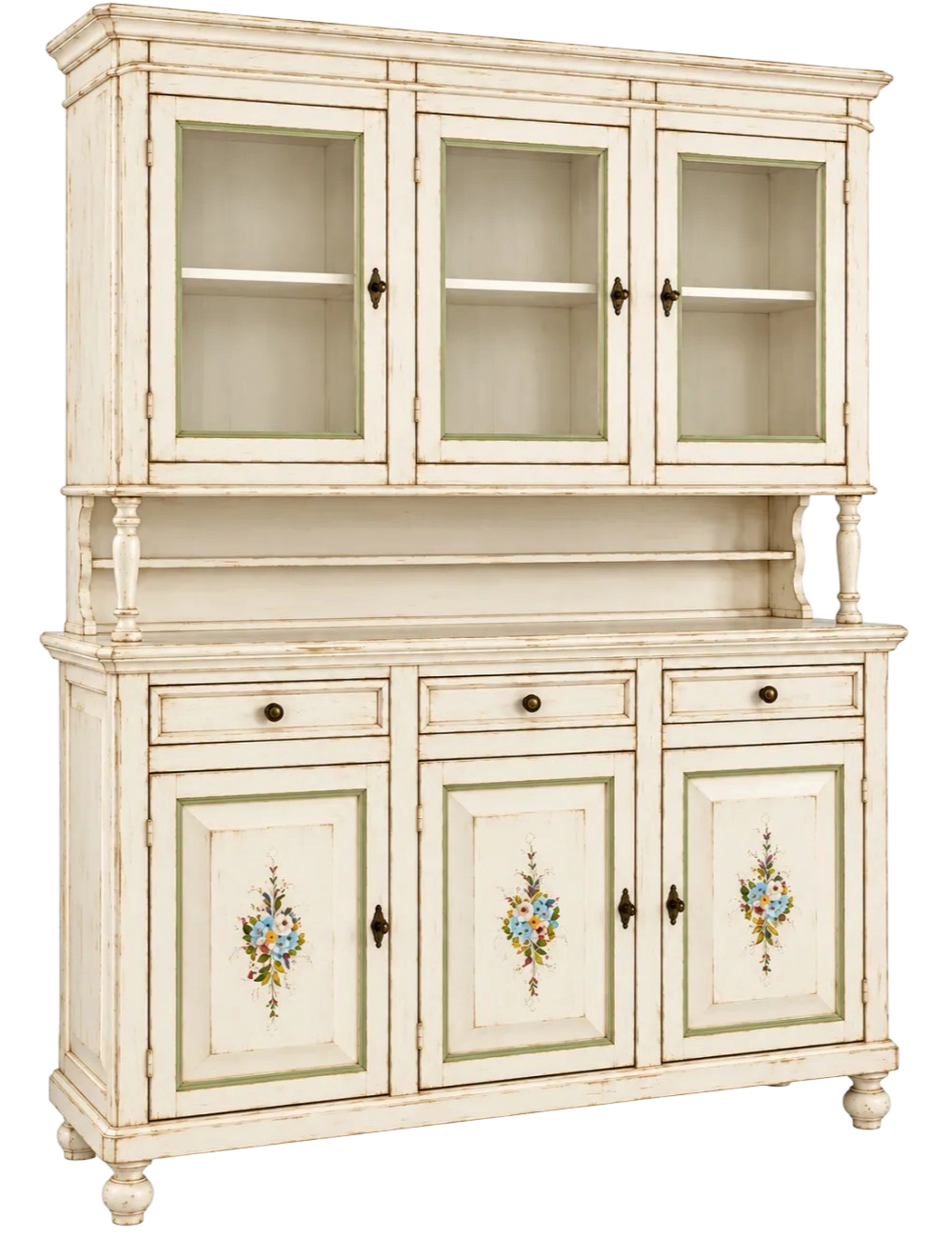 Cristalliera napoletana 3 porte in legno shabby bianco anticato decorato 150x43x208