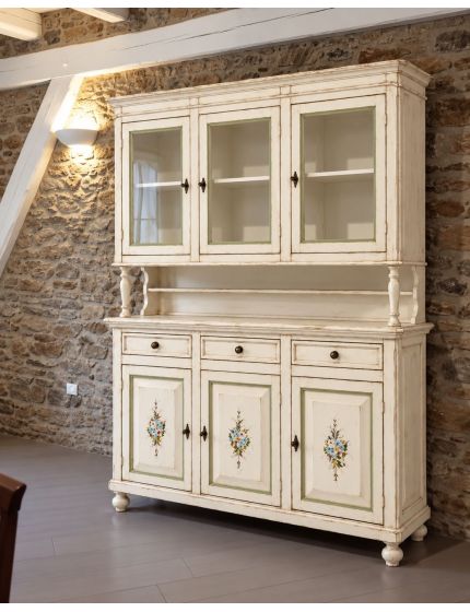 Cristalliera napoletana 3 porte in legno shabby bianco anticato decorato 150x43x208