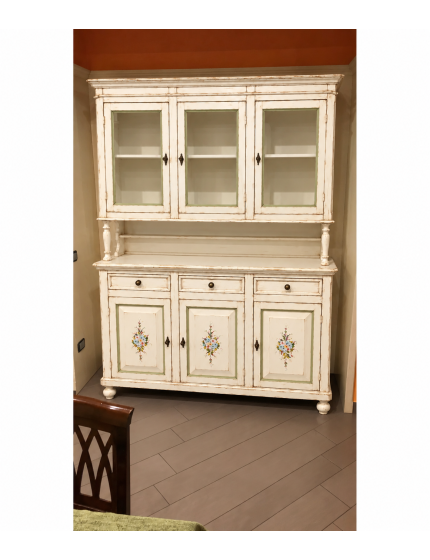Cristalliera napoletana 3 porte in legno shabby bianco anticato decorato 150x43x208