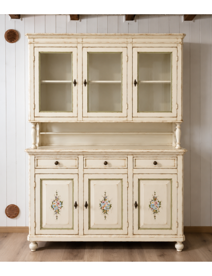 Cristalliera napoletana 3 porte in legno shabby bianco anticato decorato 150x43x208