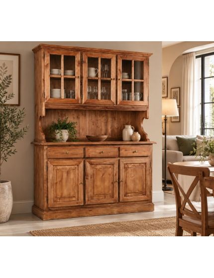 CRISTALLIERA 3 ANTE LEGNO MASSELLO DI PINO NOCE CONSUMATO 147X43X195