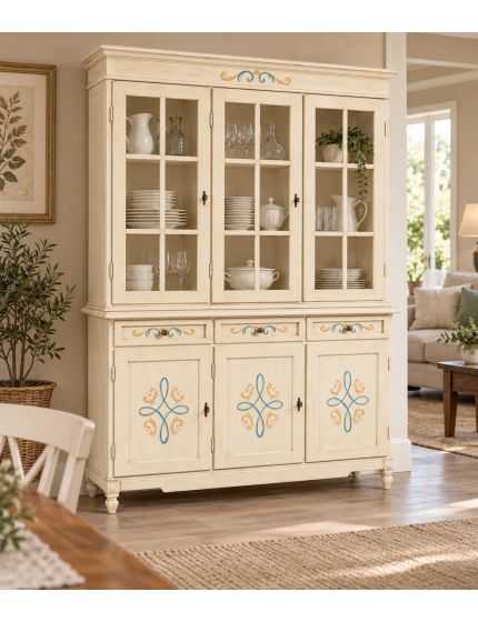 CRISTALLIERA CLASSICA 3 PORTE LEGNO CON DECORI VARI COLORI 156x42x213