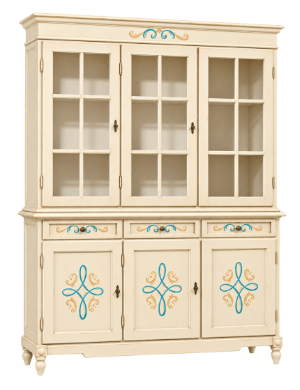 CRISTALLIERA CLASSICA 3 PORTE LEGNO AVORIO PENNELLATO CON DECORI 156x42x213