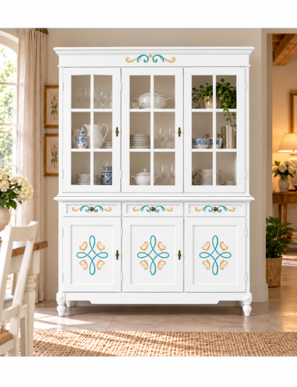 CRISTALLIERA CLASSICA 3 PORTE LEGNO CON DECORI VARI COLORI 156x42x213