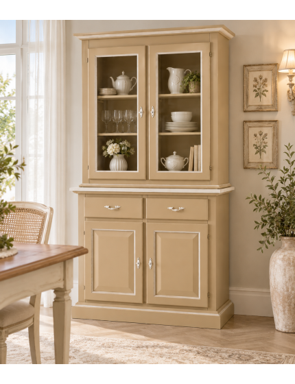 Cristalliera in legno massello 4 porte 2 cassetti arte povera laccato avorio-bianco l.121 p.51 h.227