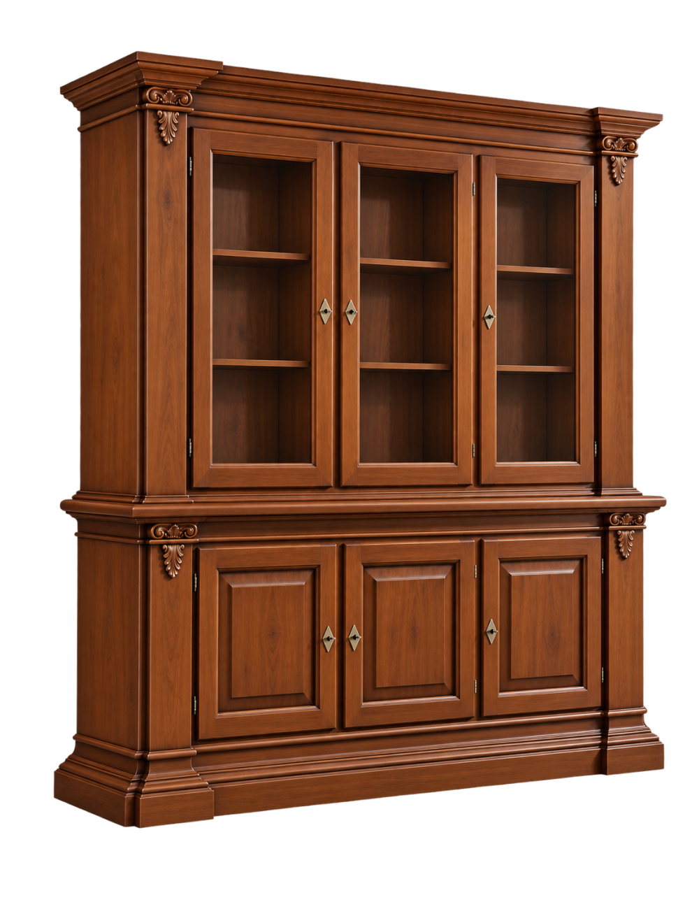 Cristalliera 3 porte classica intagliata legno tinta noce 200x50x224