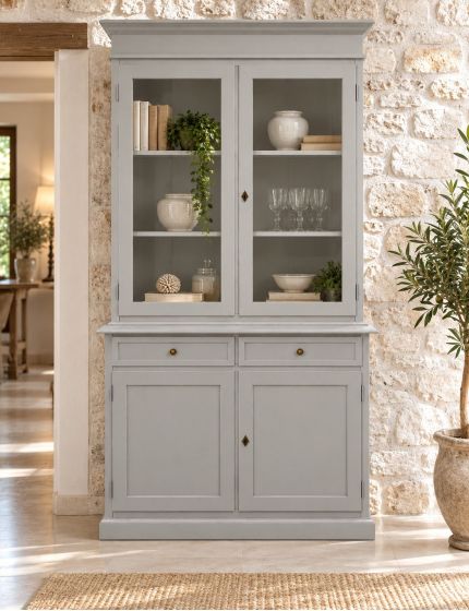 Cristalliera 2 porte 2 cassetti arte povera legno grigio 105x42x206