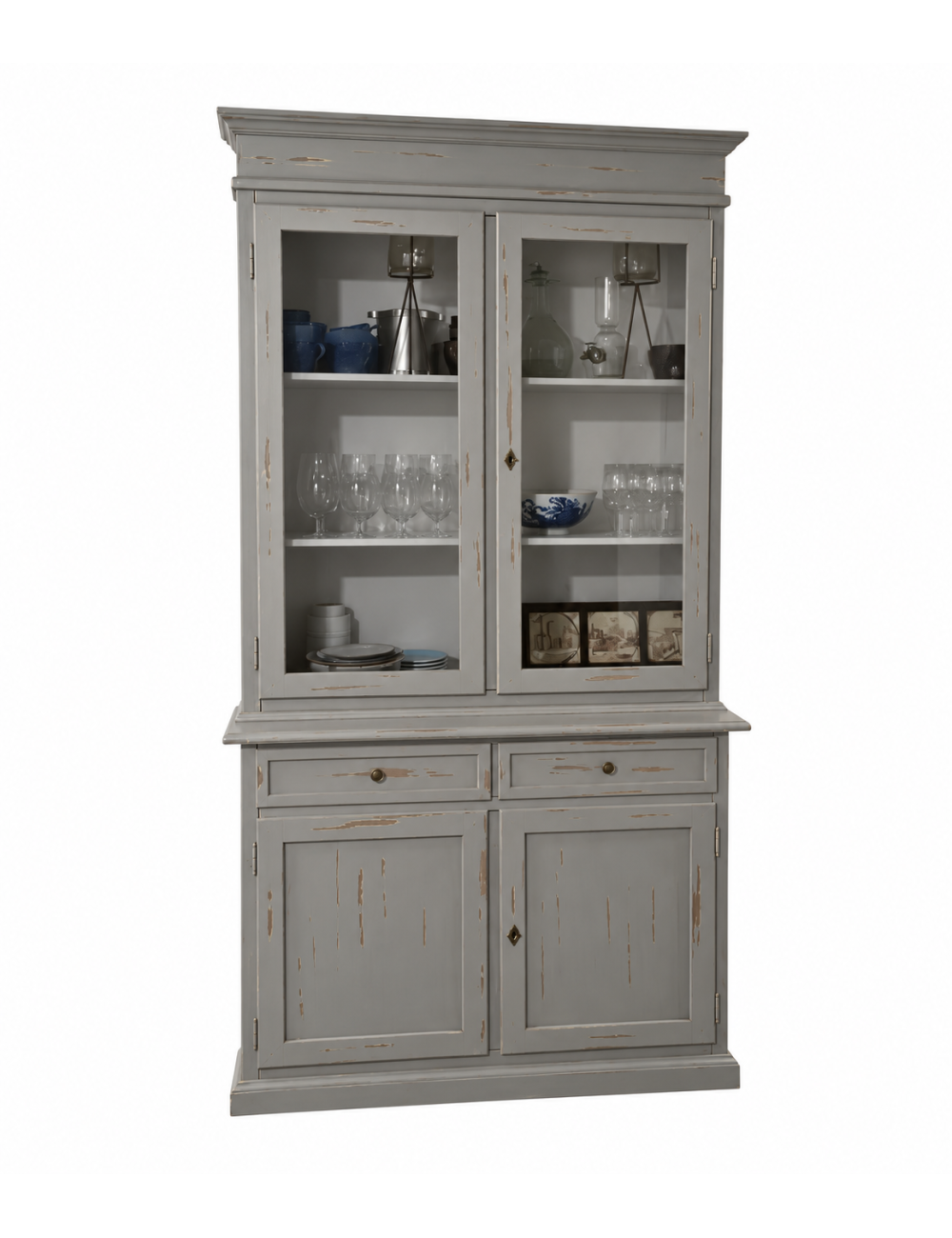Cristalliera 2 porte 2 cassetti arte povera legno grigio consumato 105x42x206