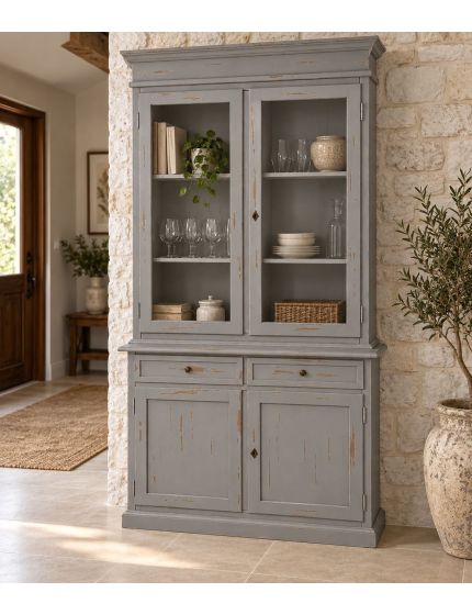 Cristalliera 2 porte 2 cassetti arte povera legno grigio consumato 105x42x206