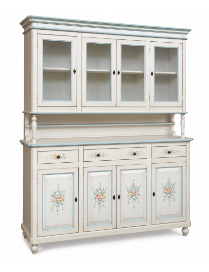 Cristalliera 4 porte legno shabby bianco anticato decori filo azzurro 198X43X210