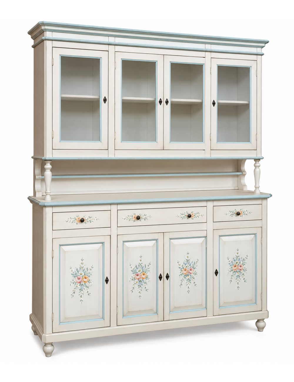 Cristalliera 4 porte legno shabby bianco anticato decori filo azzurro 198X43X210