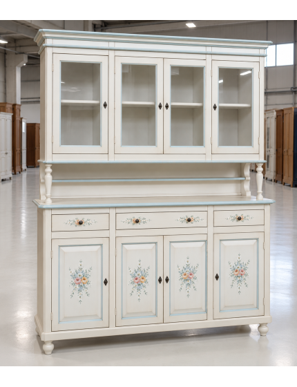 Cristalliera 4 porte legno shabby bianco anticato decori filo azzurro 198X43X210