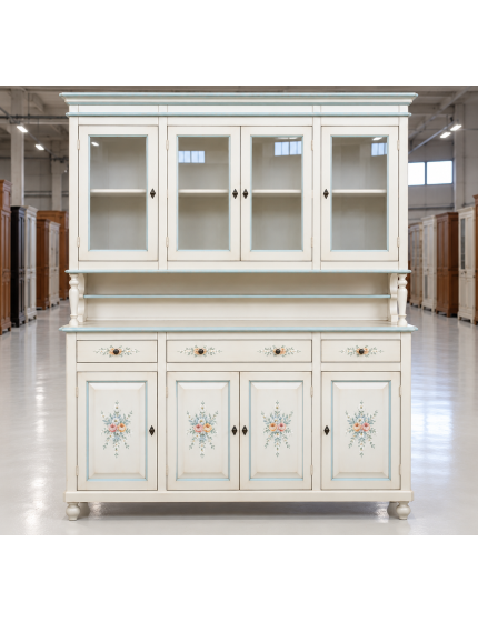 Cristalliera 4 porte legno shabby bianco anticato decori filo azzurro 198X43X210