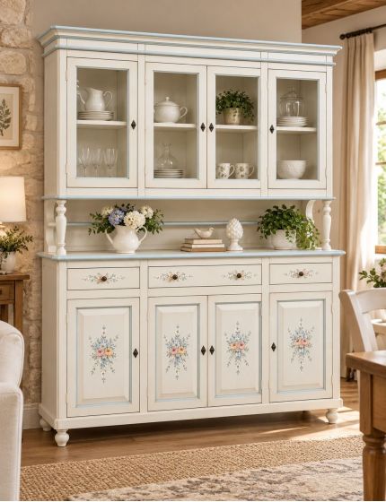 Cristalliera 4 porte legno shabby bianco anticato decori filo azzurro 198X43X210