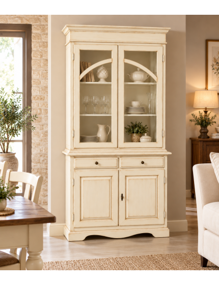 CRISTALLIERA CLASSICA 2 PORTE LEGNO AVORIO ANTICATO 105X42X205