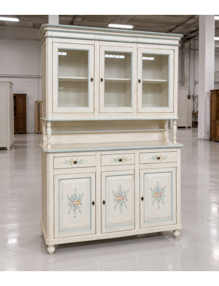 Cristalliera 3 ante legno bianco invecchiato decori filo azzurro 150X43X208