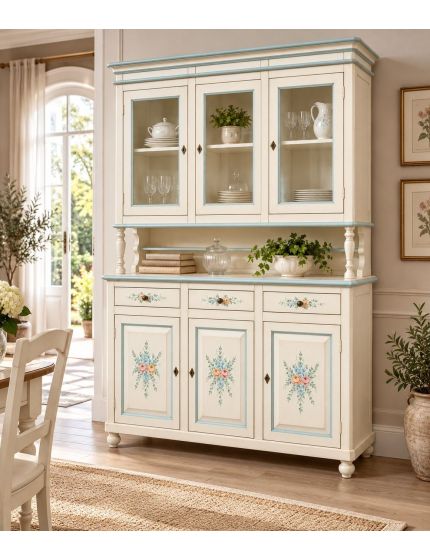 Cristalliera 3 ante legno bianco invecchiato decori filo azzurro 150X43X208