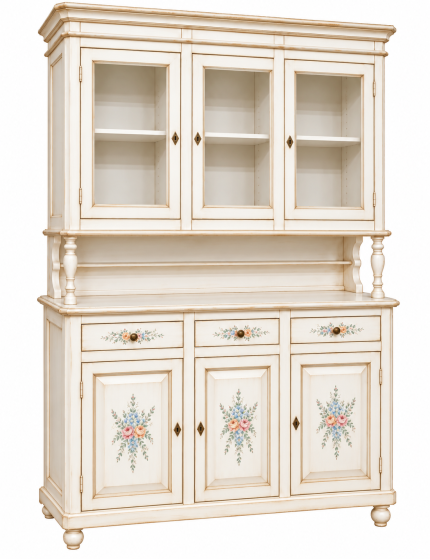 Cristalliera 3 ante legno bianco invecchiato decori filo azzurro 150X43X208