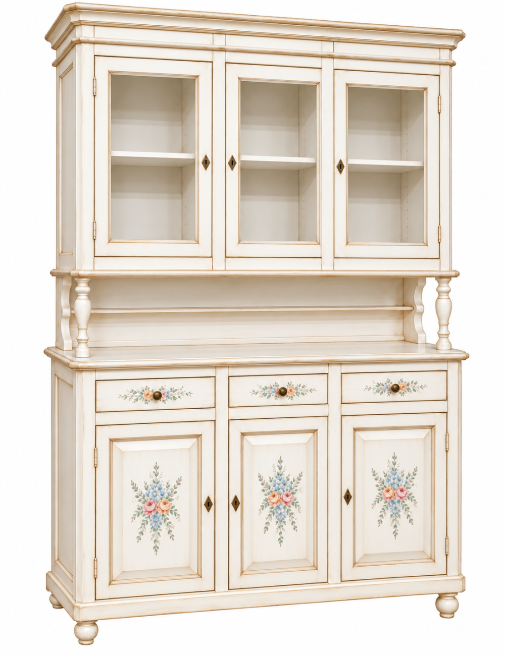Cristalliera 3 ante legno bianco invecchiato decori filo azzurro 150X43X208
