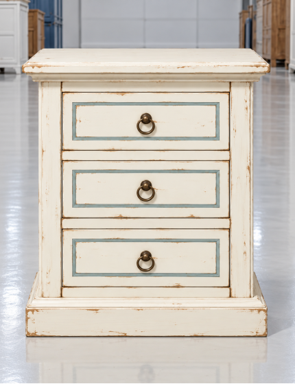 Comodino Shabby Chic in Legno Bianco Consumato con Filo Azzurro 3 Cassetti - 60x35x64 cm