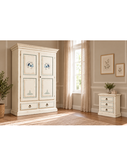 Comodino Shabby Chic in Legno Bianco Consumato con Filo Azzurro 3 Cassetti - 60x35x64 cm