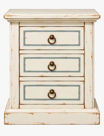 Comodino Shabby Chic in Legno Bianco Consumato con Filo Azzurro 3 Cassetti - 60x35x64 cm