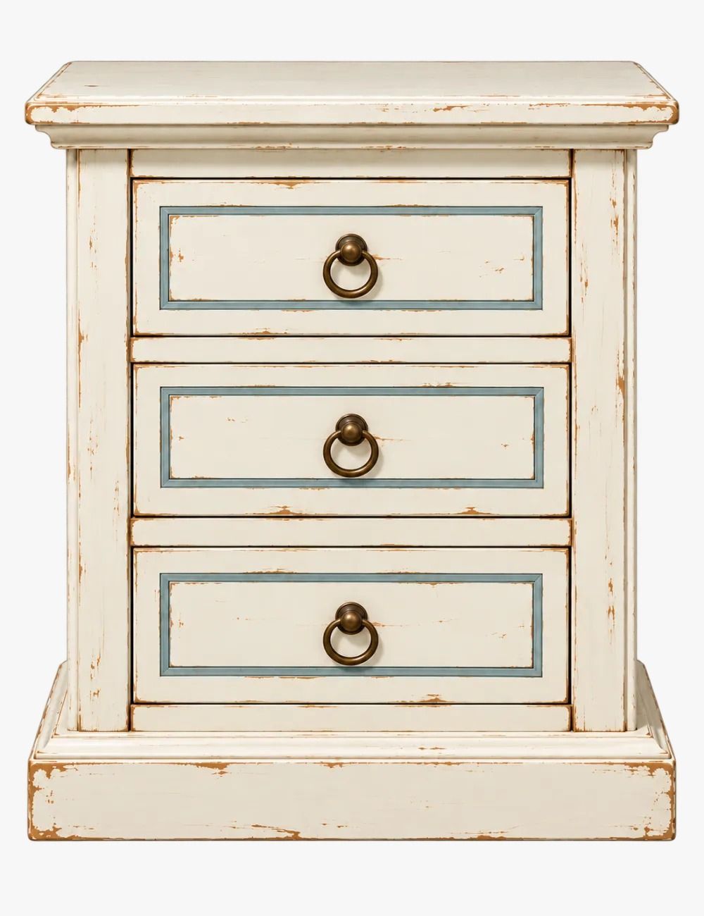 Comodino Shabby Chic in Legno Bianco Consumato con Filo Azzurro 3 Cassetti - 60x35x64 cm