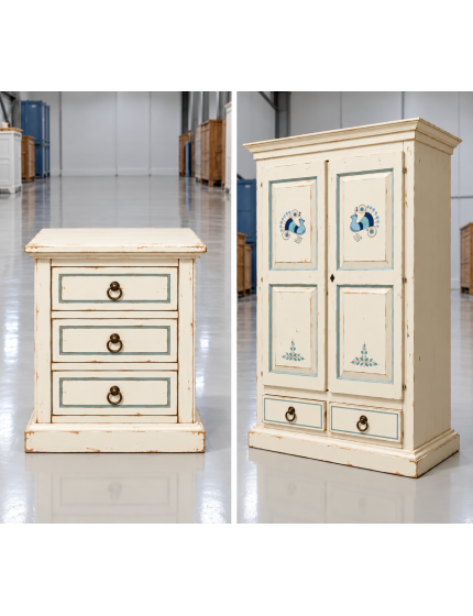 Comodino Shabby Chic in Legno Bianco Consumato con Filo Azzurro 3 Cassetti - 60x35x64 cm