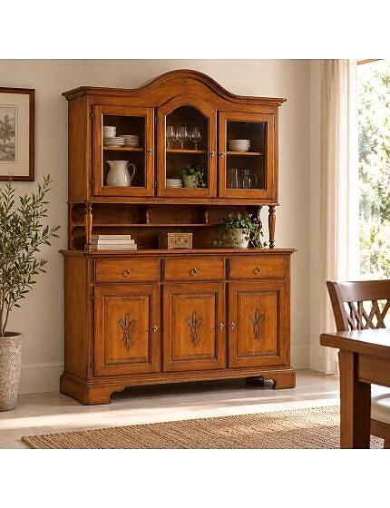 CRISTALLIERA 3 PORTE CLASSICA SAGOMATA SPIGA LEGNO TINTA NOCE 163X49X228