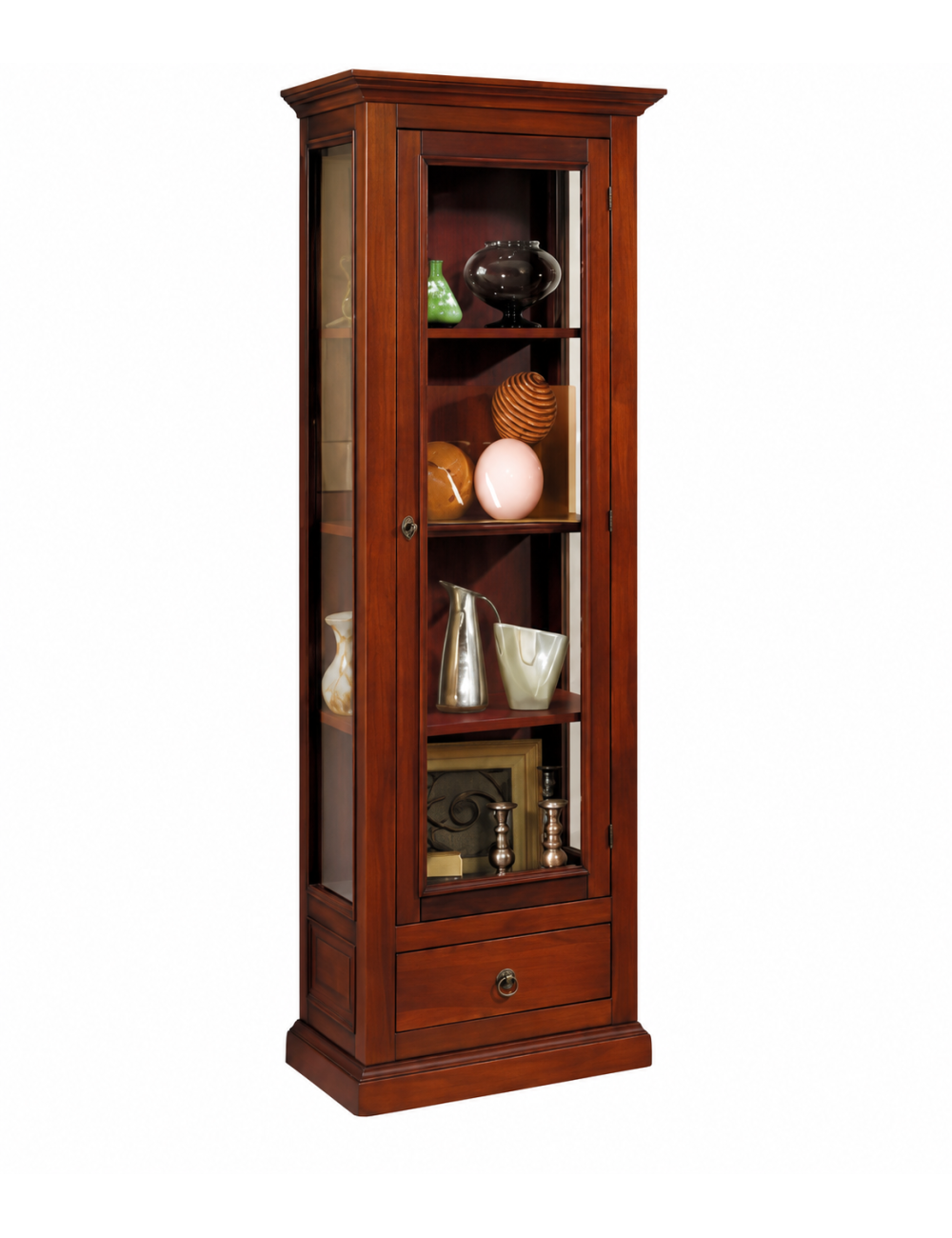 Vetrina classica 1 anta 1 cassetto in Legno tinta noce 60X40X184
