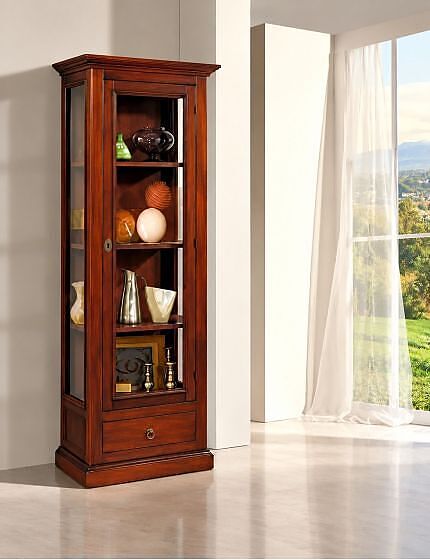 Vetrina classica 1 anta 1 cassetto in Legno tinta noce 60X40X184